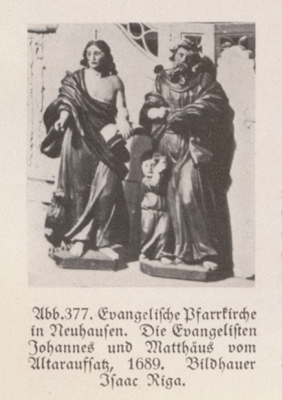 Neuhausen Kr. Samland, Ev. Pfarrkirche, Altaraufsatz, Evangelisten Johannes und Matthäus, 1689.PNG